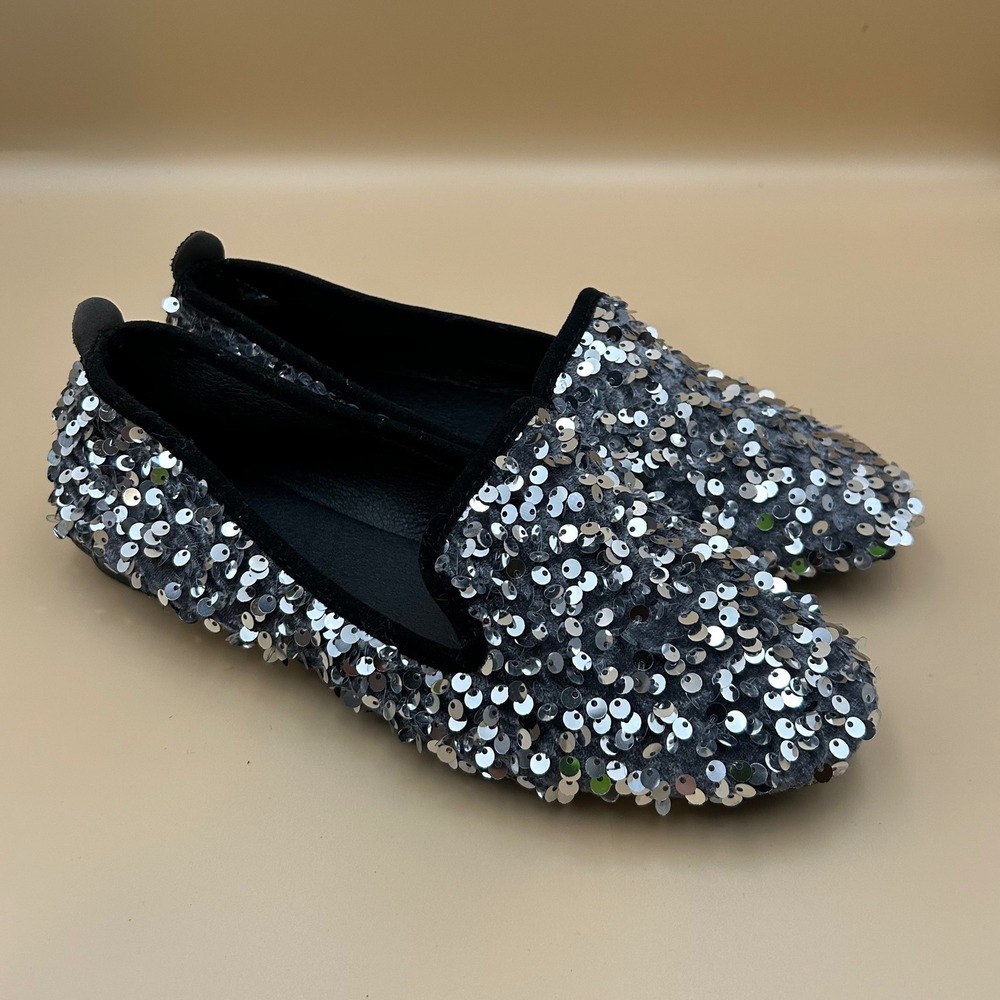 Fashion Silver Sequin Slip On Loafers Size 39 Sparkly Flat Shoes Party Glamour